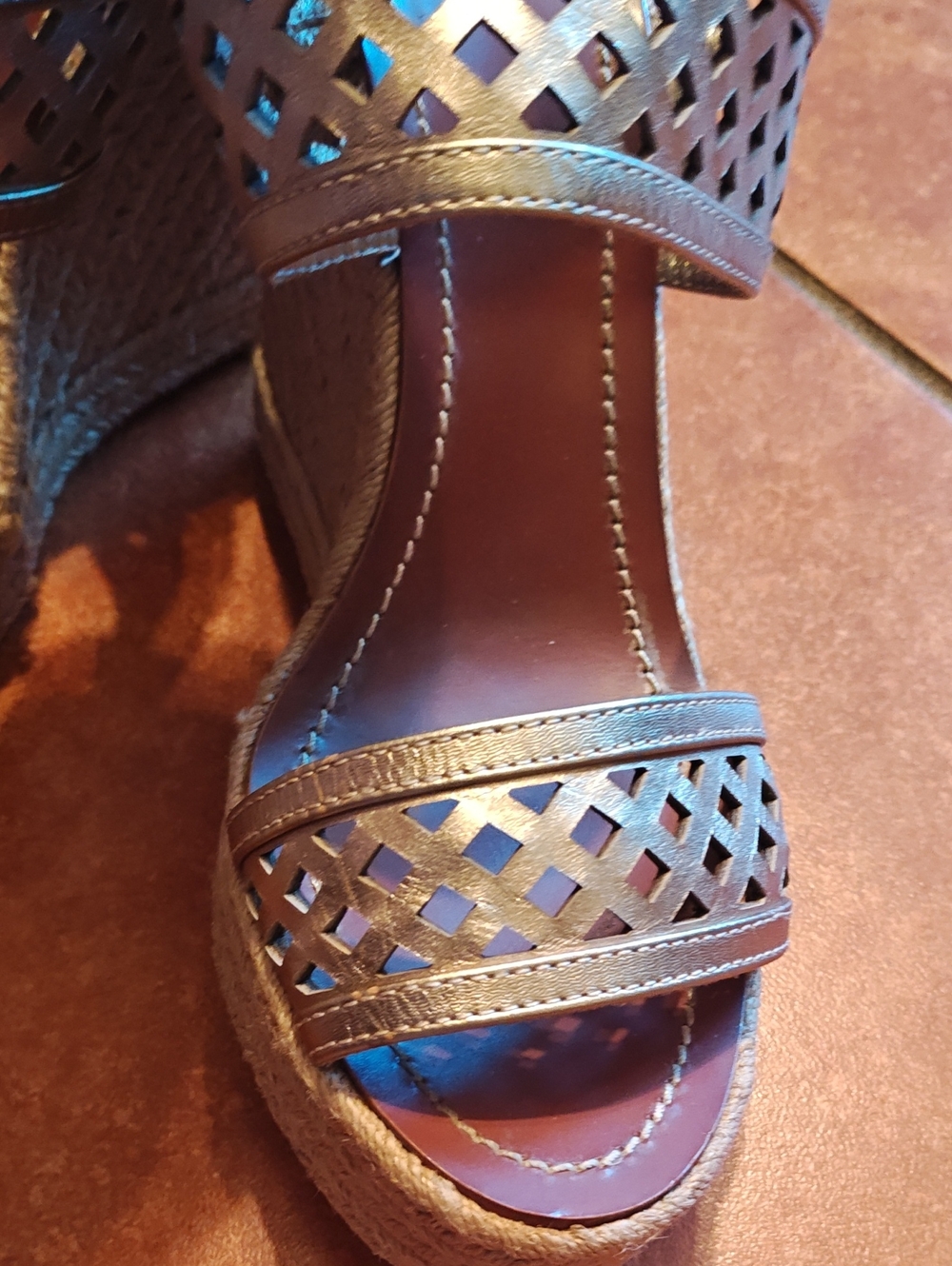 Tory Burch Metallic Bronze Laser-Cut Wedge Sandals - Picture 3 of 8